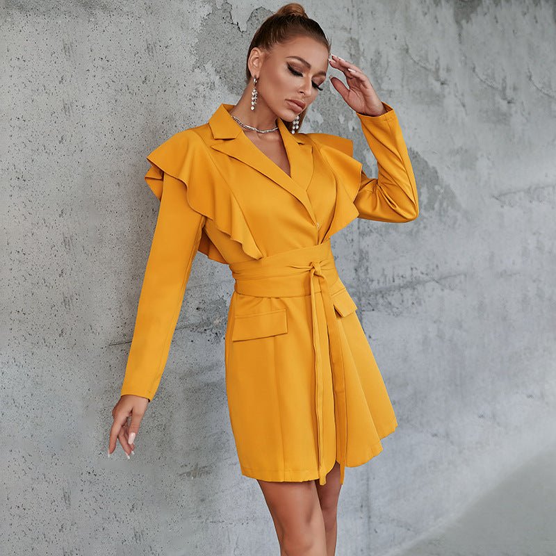 Ruffle Shoulder Belted Blazer Dress - Shah S. Sahota