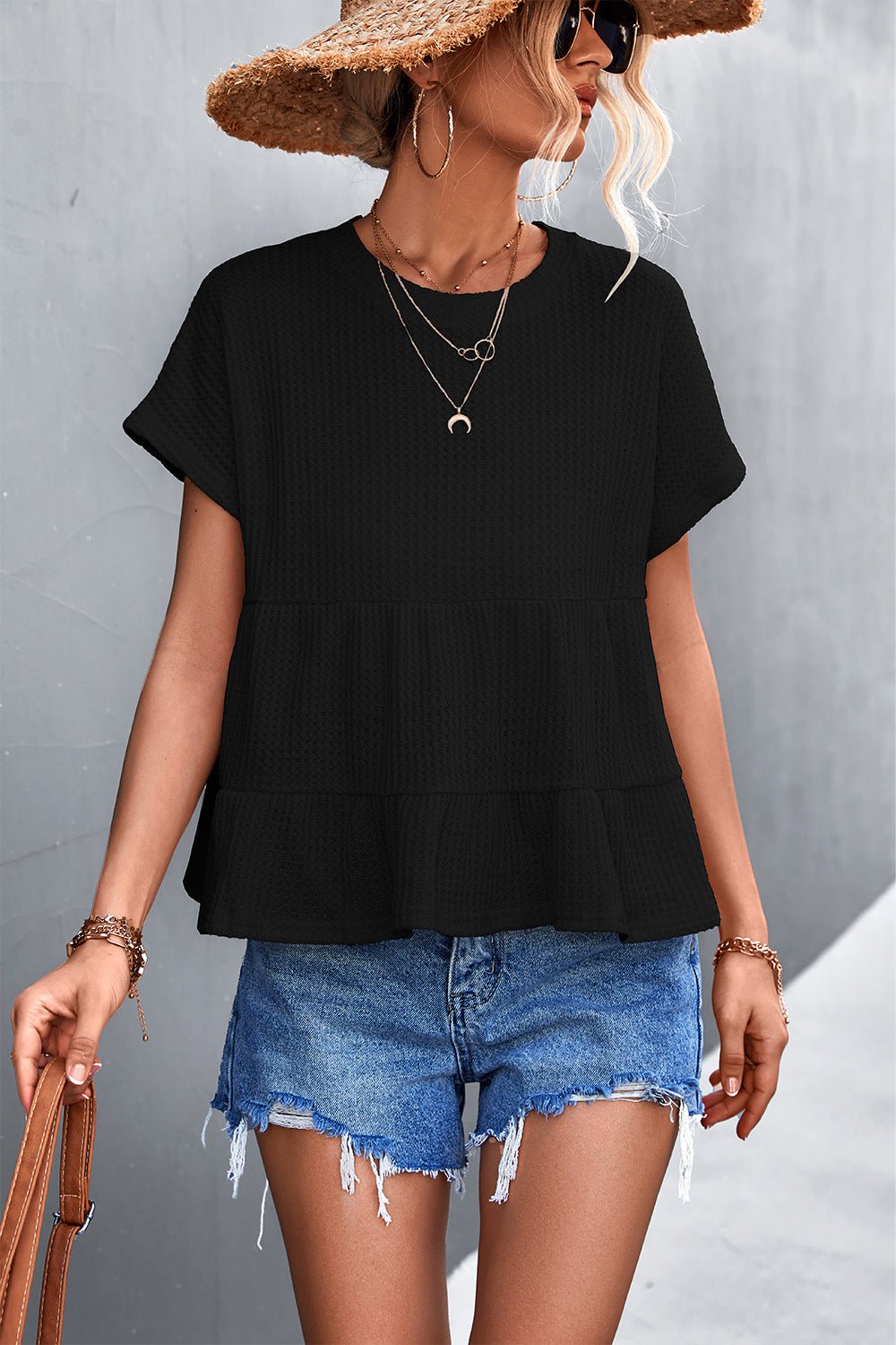 Waffle Knit Round Neck Babydoll Top - Shah S. Sahota