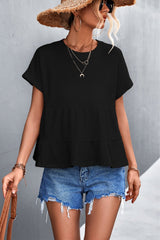 Waffle Knit Round Neck Babydoll Top - Shah S. Sahota