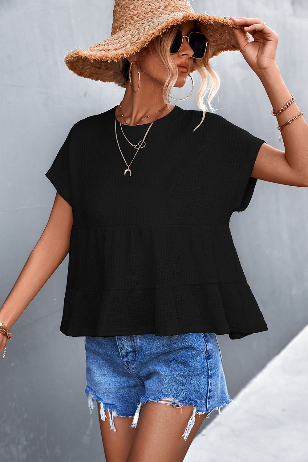 Waffle Knit Round Neck Babydoll Top - Shah S. Sahota