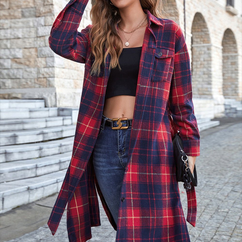 Plaid Belted Button Down Longline Shirt Jacket - Shah S. Sahota