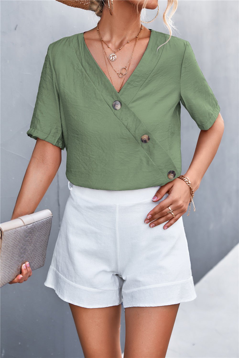 Decorative Button Surplice Top - Shah S. Sahota