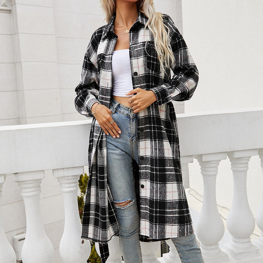 Plaid Belted Button Down Longline Shirt Jacket - Shah S. Sahota