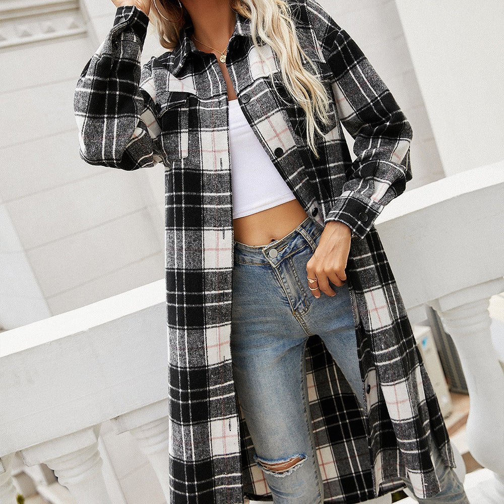 Plaid Belted Button Down Longline Shirt Jacket - Shah S. Sahota