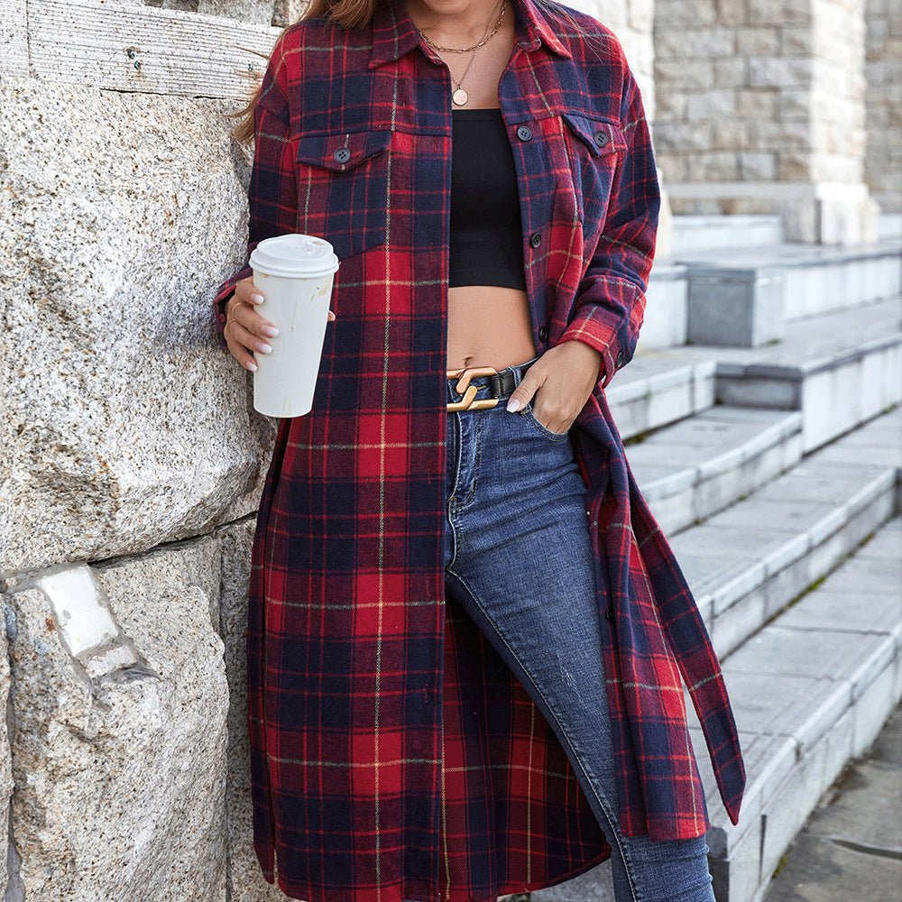 Plaid Belted Button Down Longline Shirt Jacket - Shah S. Sahota