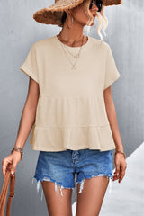 Waffle Knit Round Neck Babydoll Top - Shah S. Sahota