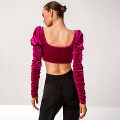 Pointed Hem Puff Sleeve Velvet Crop Top - Shah S. Sahota