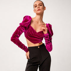 Pointed Hem Puff Sleeve Velvet Crop Top - Shah S. Sahota