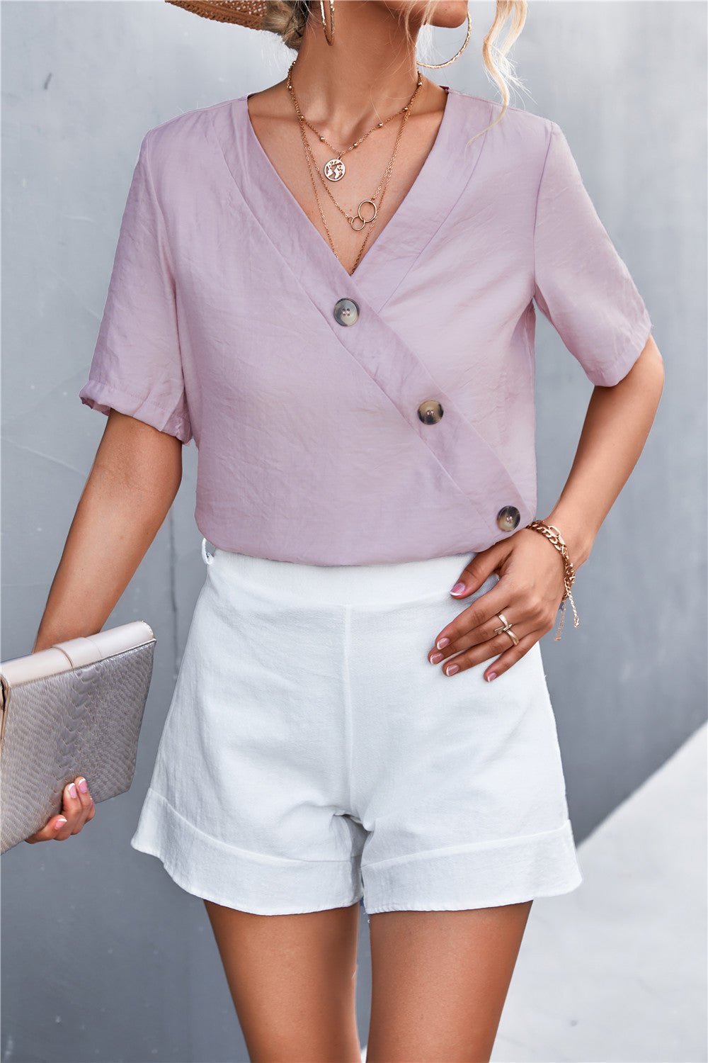 Decorative Button Surplice Top - Shah S. Sahota