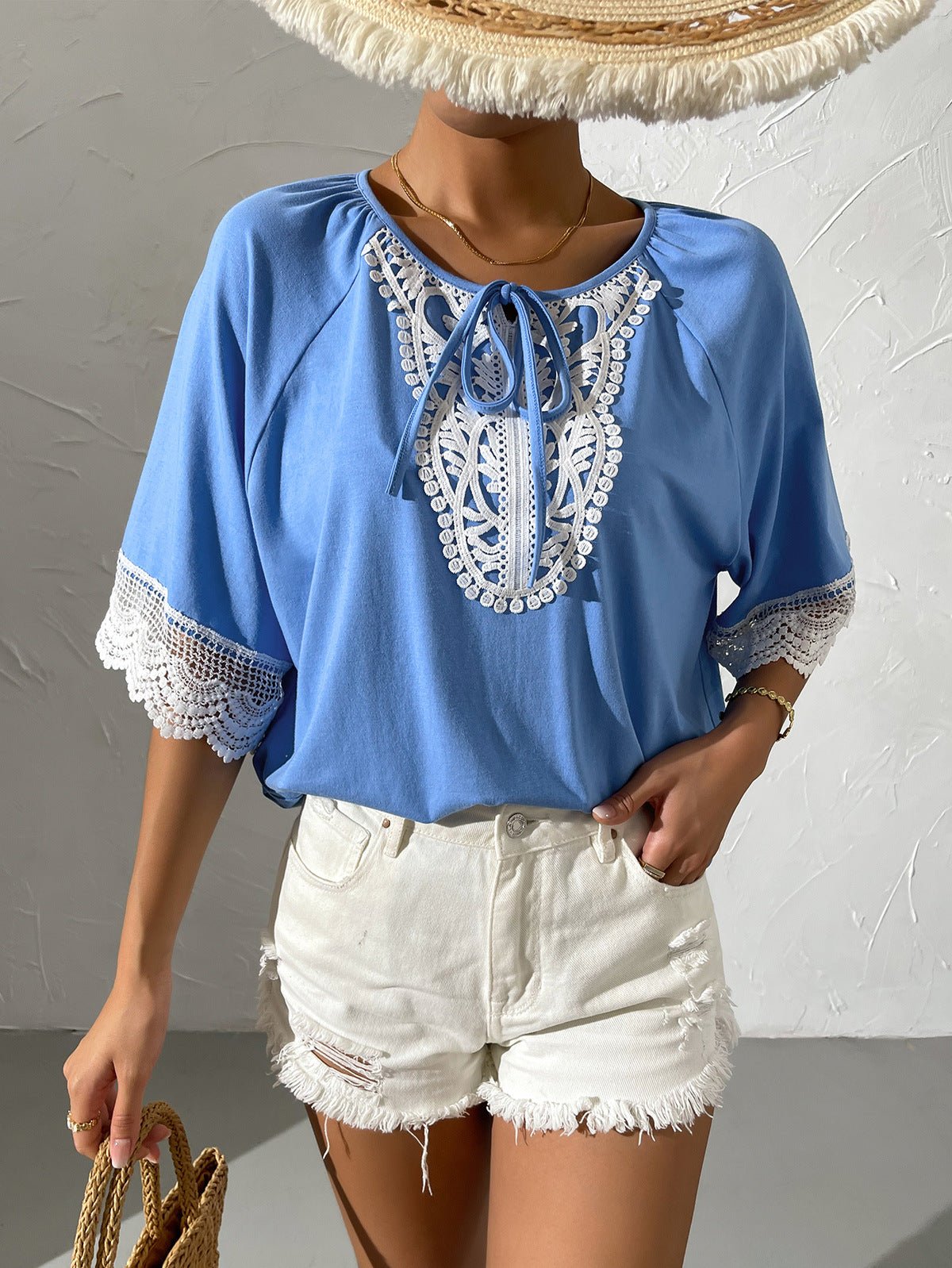 Spliced Lace Tied Tee Shirt - Shah S. Sahota