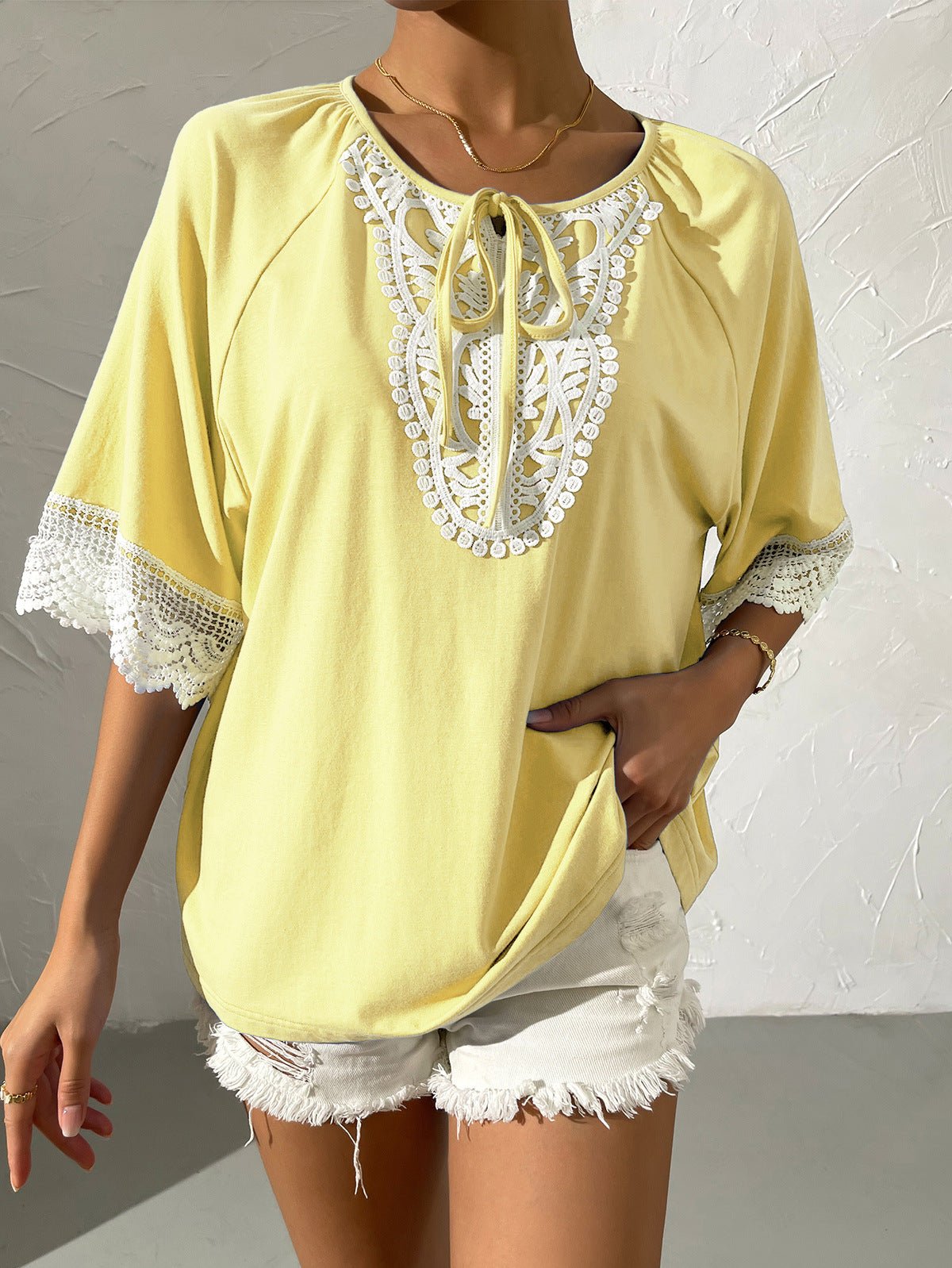 Spliced Lace Tied Tee Shirt - Shah S. Sahota