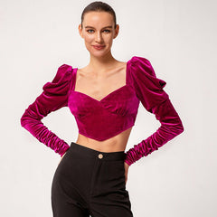 Pointed Hem Puff Sleeve Velvet Crop Top - Shah S. Sahota