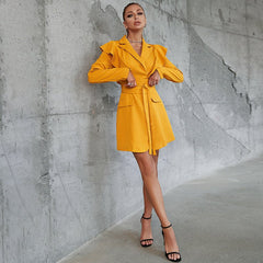 Ruffle Shoulder Belted Blazer Dress - Shah S. Sahota