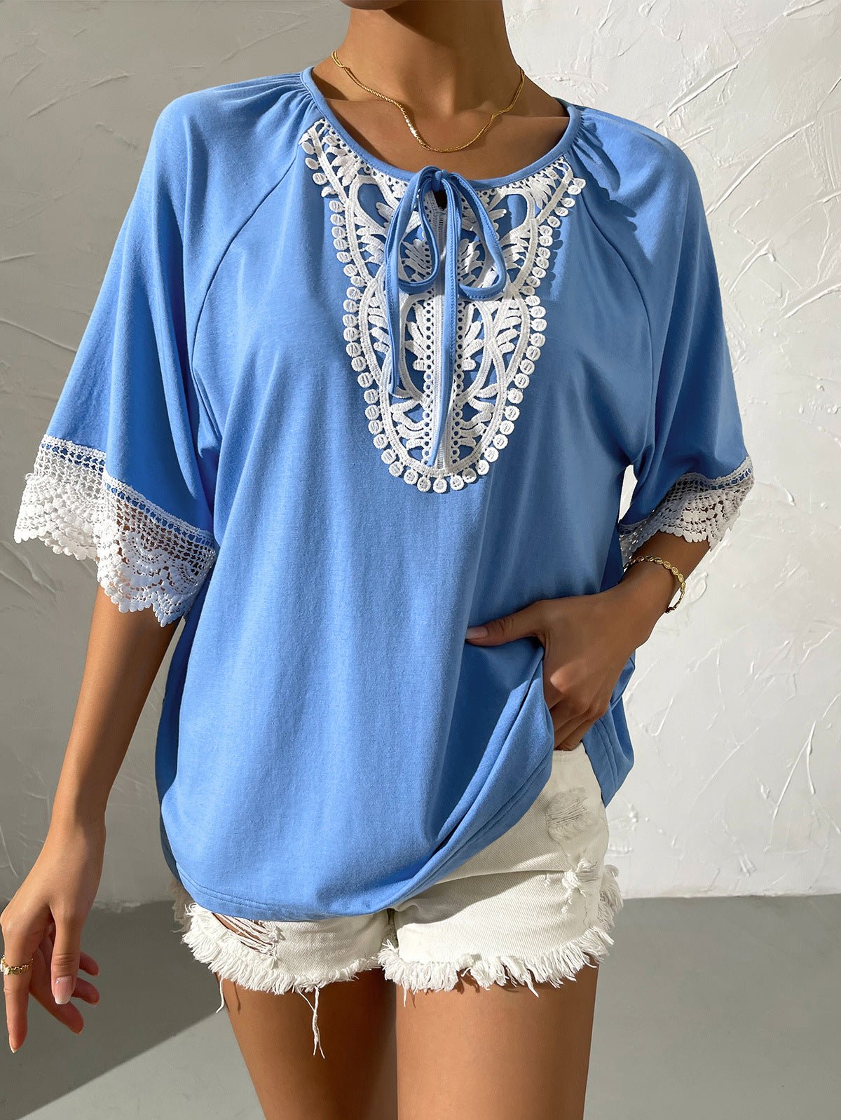 Spliced Lace Tied Tee Shirt - Shah S. Sahota