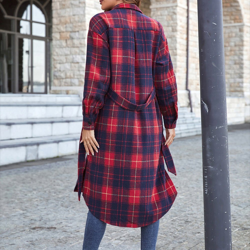 Plaid Belted Button Down Longline Shirt Jacket - Shah S. Sahota