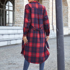 Plaid Belted Button Down Longline Shirt Jacket - Shah S. Sahota