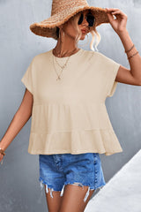 Waffle Knit Round Neck Babydoll Top - Shah S. Sahota