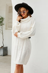 Mixed Knit Turtleneck Lantern Sleeve Sweater Dress - Shah S. Sahota
