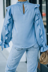 Ruffled Sleeve Frill Neck Gathered Detail Blouse - Shah S. Sahota