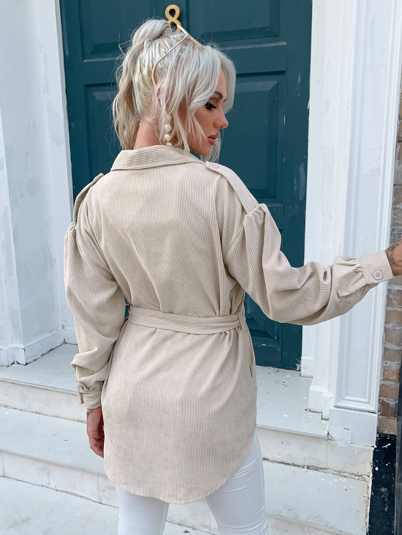 Corduroy Belted Button Front Jacket - Shah S. Sahota