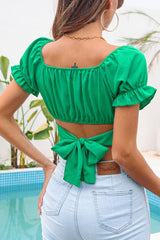 Ruched Square Neck Tie Back Cropped Top - Shah S. Sahota