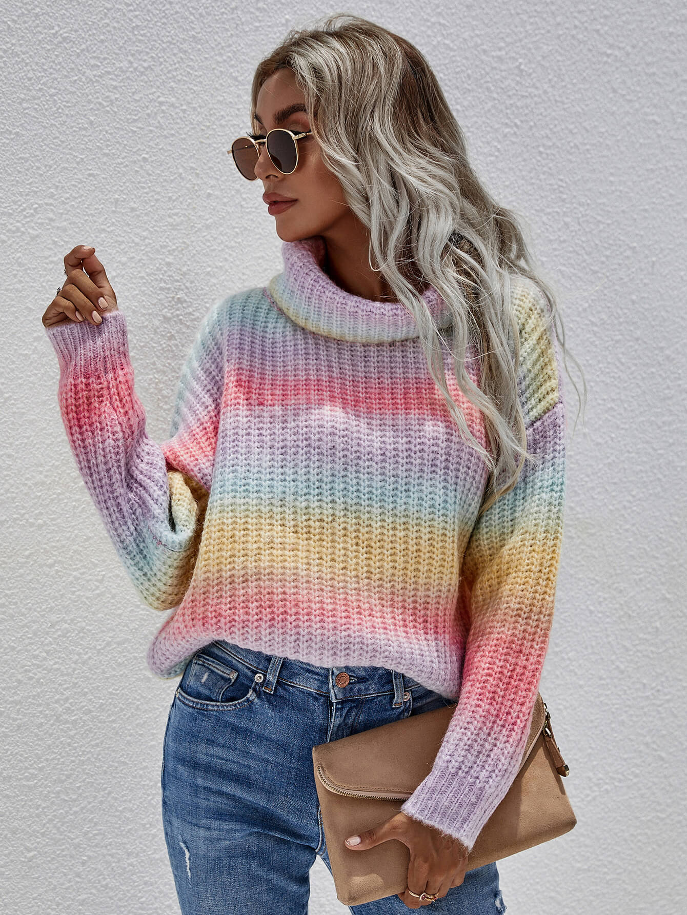 Rainbow Rib-Knit Turtleneck Drop Shoulder Sweater - Shah S. Sahota