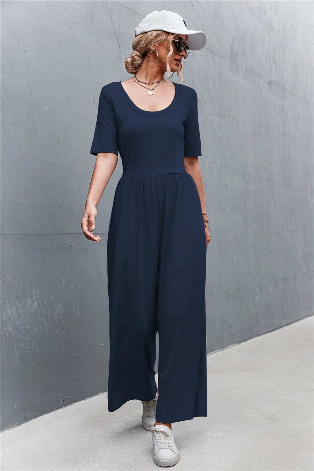 Scoop Neck Half Sleeve Wide Leg Jumpsuit - Shah S. Sahota
