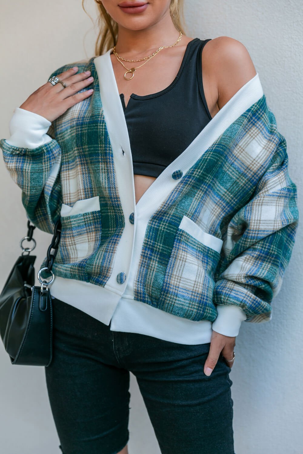 Plaid Button Down Jacket with Pockets - Shah S. Sahota