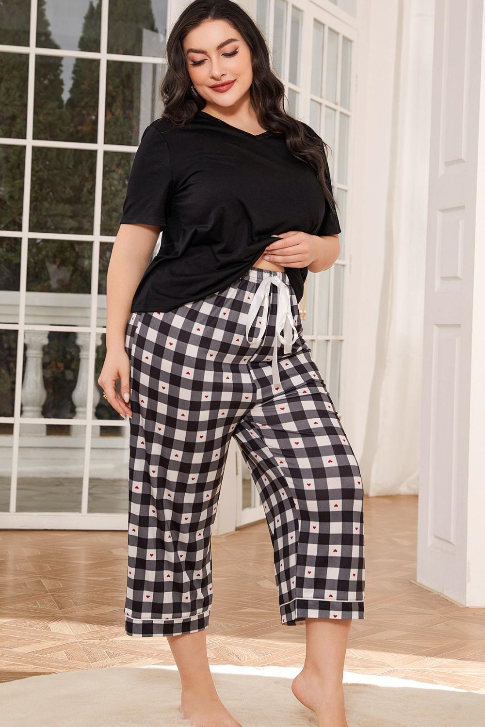 V-Neck Tee and Plaid Cropped Pants Lounge Set - Shah S. Sahota