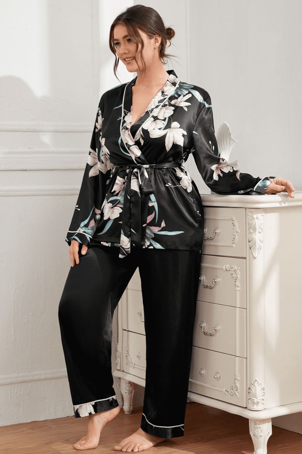 Plus Size Floral Belted Robe and Pants Pajama Set - Shah S. Sahota