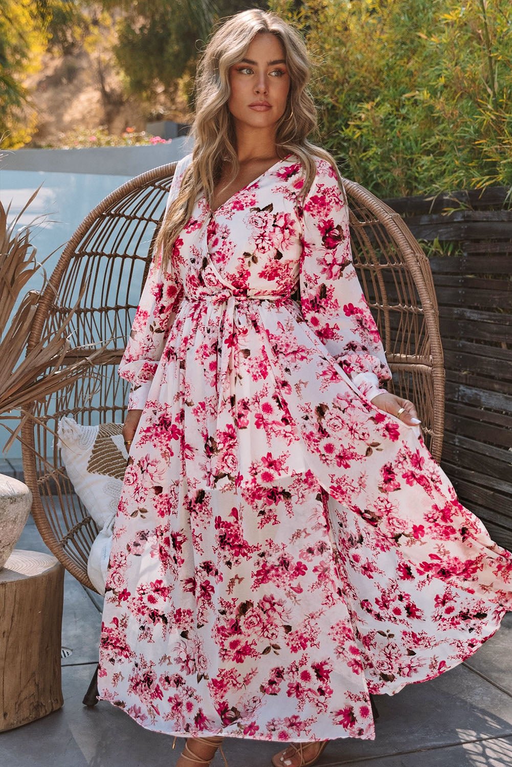 Floral Surplice Split Tie Waist Maxi Dress - Shah S. Sahota