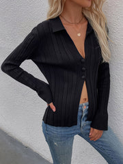 Buttoned Rib-Knit Collared Cardigan - Shah S. Sahota