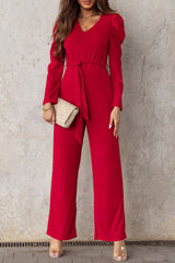 Belted Long Puff Sleeve V-Neck Jumpsuit - Shah S. Sahota