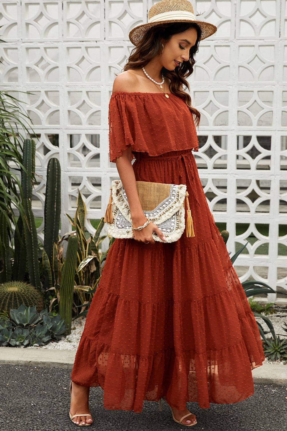 Swiss Dot Off-Shoulder Tiered Maxi Dress - Shah S. Sahota