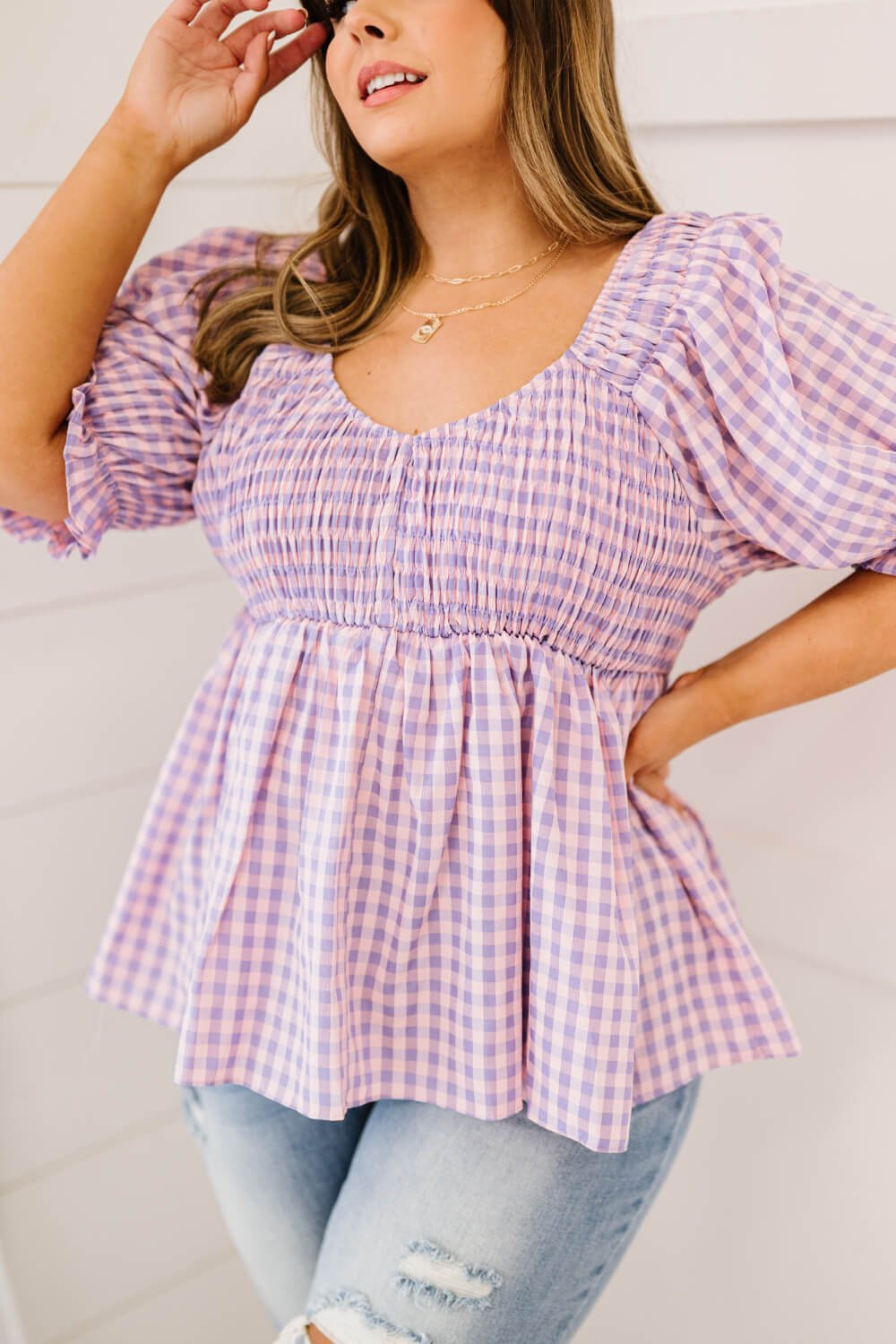 Davi & Dani Youthful Days Full Size Run Gingham Smocked Babydoll Top - Shah S. Sahota