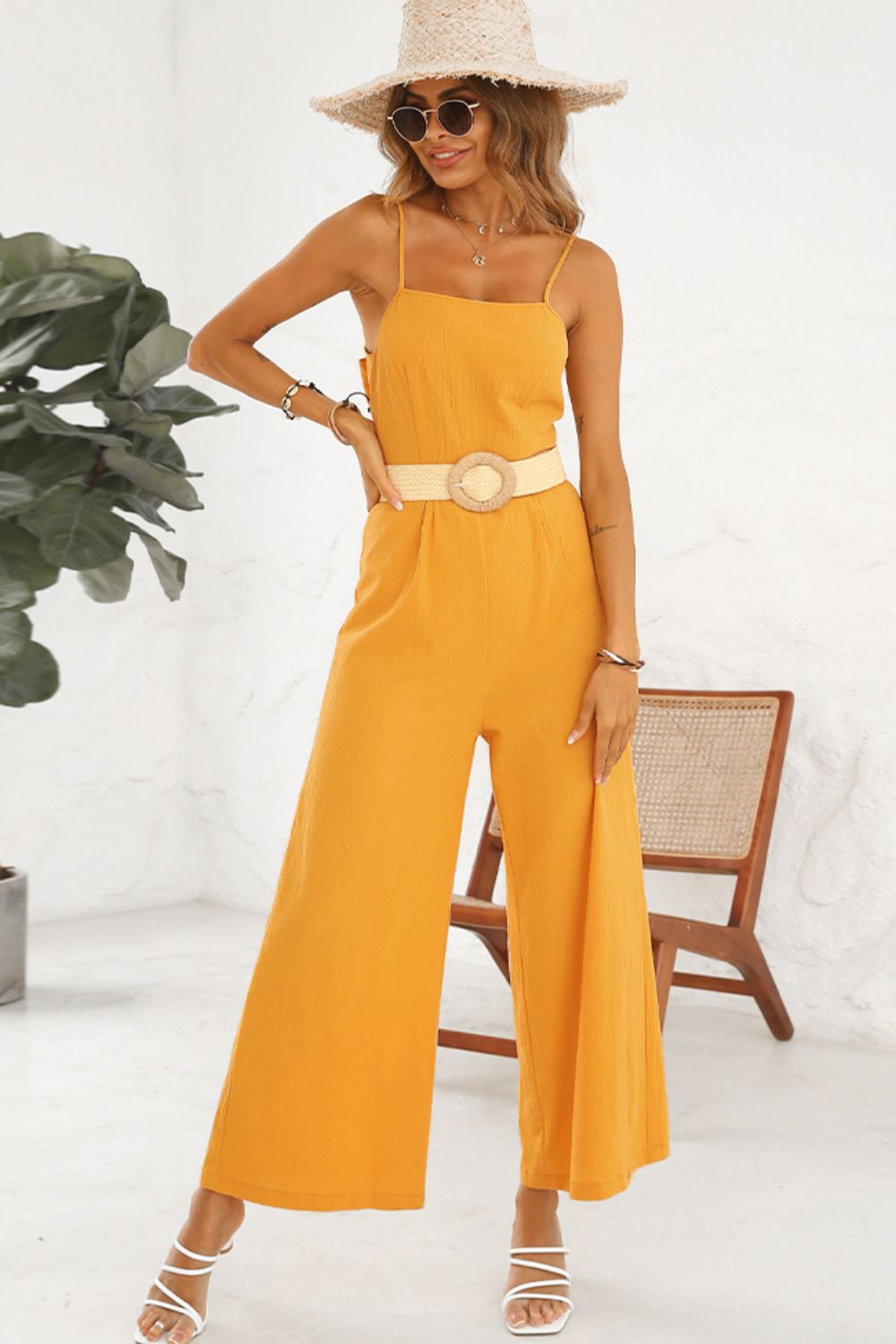 Cutout Spaghetti Strap Tie Back Wide Leg Jumpsuit - Shah S. Sahota