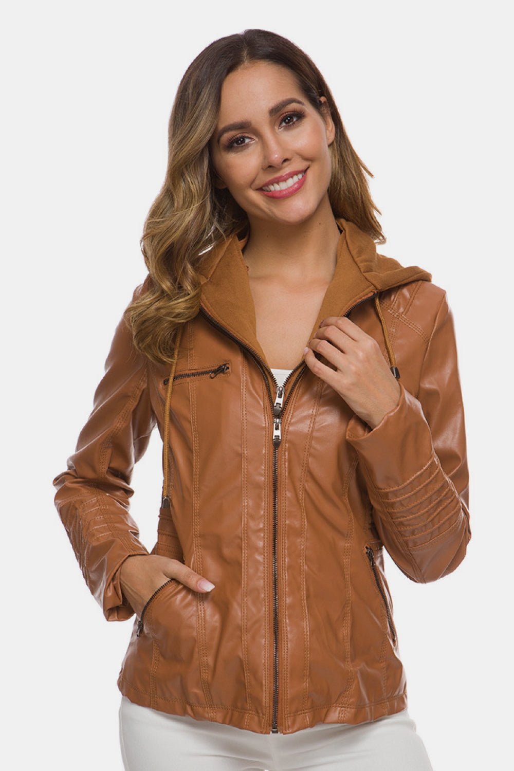 Zipper Front Hooded PU Leather Jacket - Shah S. Sahota