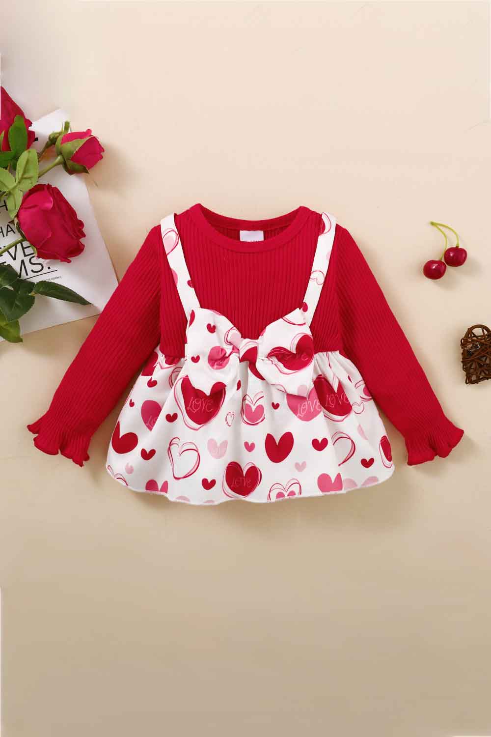 Girls Heart Print Bow Detail Sweater and Flare Pants Set - Shah S. Sahota