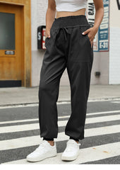 Casual Shirred Elastic High Waist Tie With Pocket Pants