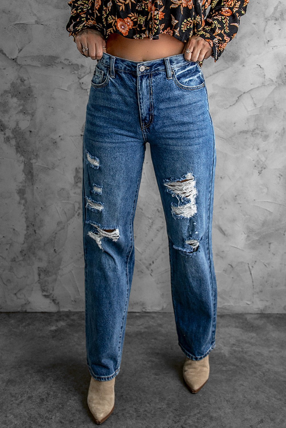 Distressed High Waist Jeans with Pockets - Shah S. Sahota