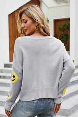 Smiley Face Ribbed Trim V-Neck Cardigan - Shah S. Sahota