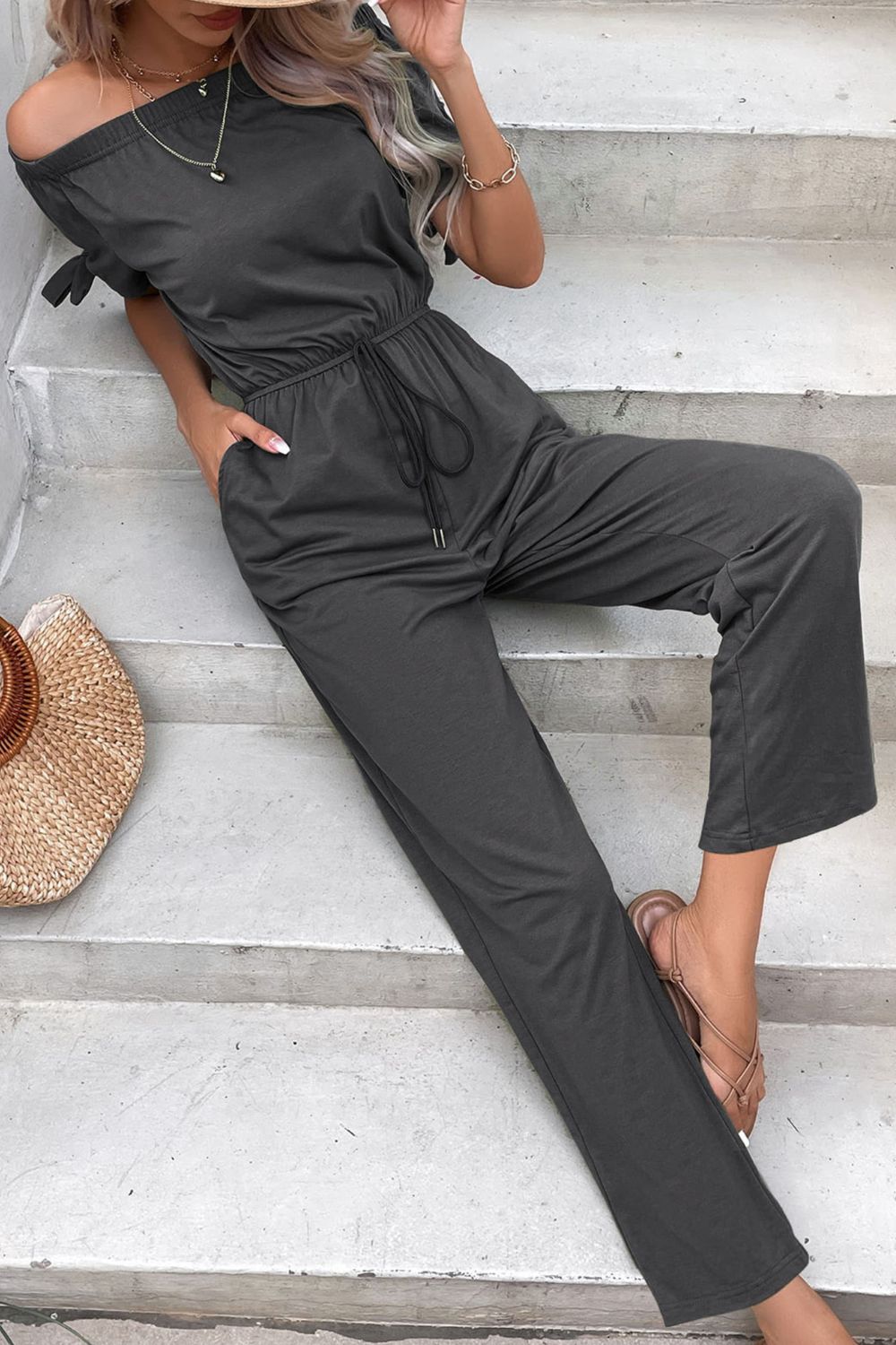 Off-Shoulder Tie Cuff Jumpsuit with Pockets - Shah S. Sahota