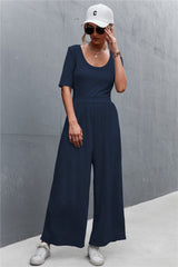 Scoop Neck Half Sleeve Wide Leg Jumpsuit - Shah S. Sahota
