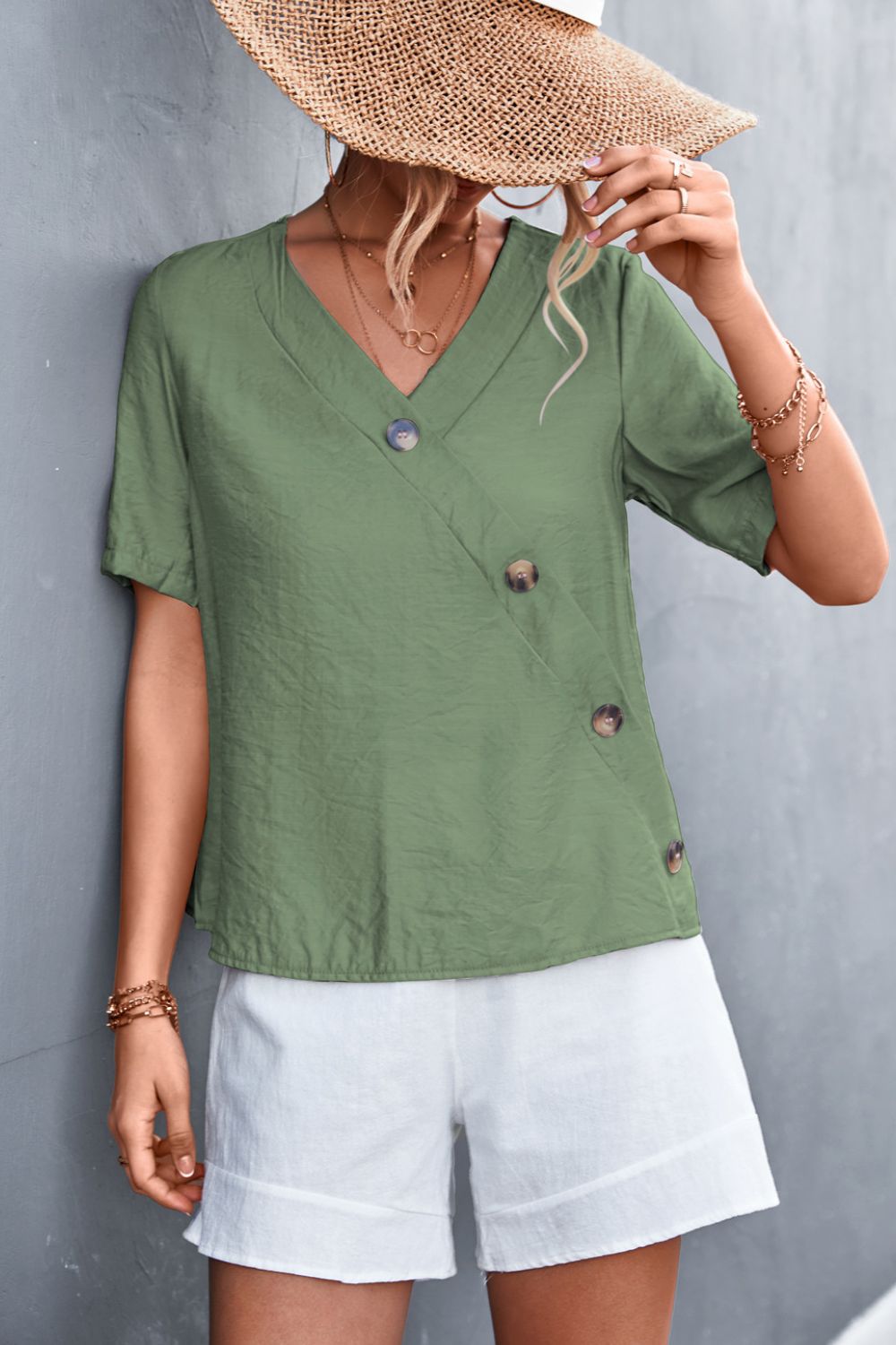 Decorative Button Surplice Top - Shah S. Sahota