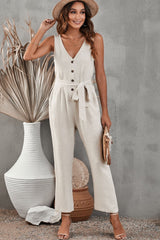 Belted V-Neck Sleeveless Jumpsuit with Pockets - Shah S. Sahota