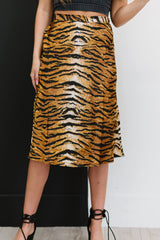 SHOPIRISBASIC Eye of the Tiger Satin Midi Skirt - Shah S. Sahota