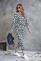 Leopard V-Neck Dropped Shoulder Loungewear Set - Shah S. Sahota