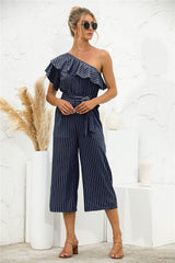 Asymmetric Neck Ruffle Trim Striped Jumpsuit - Shah S. Sahota