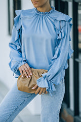 Ruffled Sleeve Frill Neck Gathered Detail Blouse - Shah S. Sahota