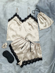 Lace Trim Cami, Shorts, Eye Mask, Scrunchie, and Bag Pajama Set - Shah S. Sahota